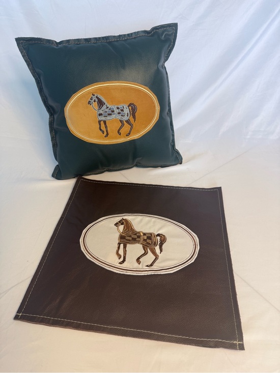 Other - Leather decorative pillow with Equestrian Horse plush embroidered Appliqué.